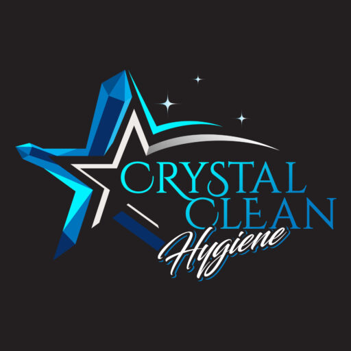 Crystal Clean Hygiene logo with a blue geometric star, sparkling effects, and gradient text on a black background.